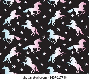 Vector seamless pattern of holographic unicorn silhouette isolated on black background