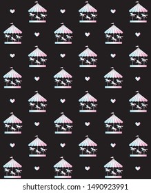 Vector seamless pattern of holographic unicorn carousel isolated on black background
