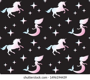 Vector seamless pattern of holographic unicorn and mermaid silhouette isolated on black background