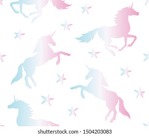 Vector seamless pattern of holographic unicorn silhouette isolated on white background