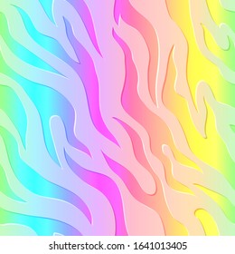 Vector Seamless Pattern With Holographic Zebra Fur Ornament On Rainbow Background. Abstract Animal Flowing Texture.