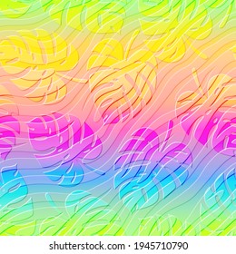 Vector Seamless Pattern with Holographic Zebra Striped Ornament on Rainbow Background. Abstract Colorful Texture with Tropical Leaves.