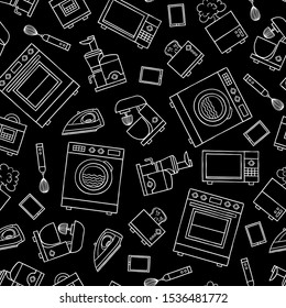 Vector seamless pattern with home appliances, electronics, kitchen quipment on black background