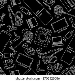 Vector seamless pattern with home appliances. Isolated cartoon technics on black background