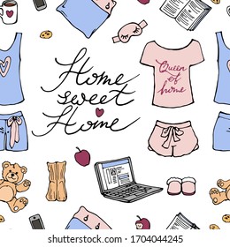 Vector seamless pattern :home clothes for women, t-shirts, shorts, socks, pillows, teddy bear, laptop, book , cup of tea or coffee, apple , cookies. Lettering home sweet home. Pink,blue, beige pastel 