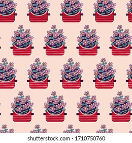 Vector sin fisuras con flores en el hogar sobre un fondo rosado.
Flores en una olla roja con rayas blancas. Esbozo textil, fondo, papel envolvente, diseño, embalaje. EPS 8.