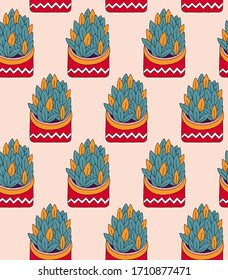 Vector seamless pattern with home flowers on a pink background.
A lot of leaves and a red flower pot with a white line. Textile sketch, background, wrapping paper, design, packaging. EPS 8.