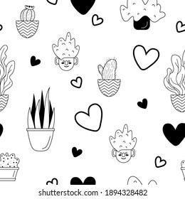 Vector seamless pattern with home garden cactus and potter plants. Line art. Linear succulents and cacti house plants. Black and white fabric design, wrapping paper, texture.