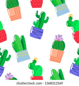 Vector seamless pattern with home or house flowers or plants or cactuses in pots, on white background, colorful. Flat style. Illustration for print on textile, wrapping paper, posters, wallpaper.
