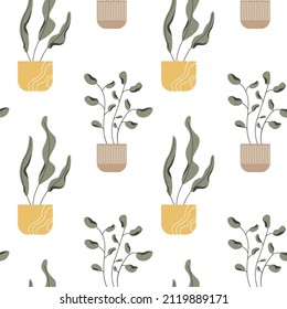 Vector seamless pattern with home plants in a pots.