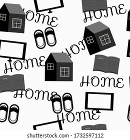 vector seamless pattern with home, slippers, televisions, and books on white background. fit for design, textile, fabric, packing, website, cover, wrapping paper.  
