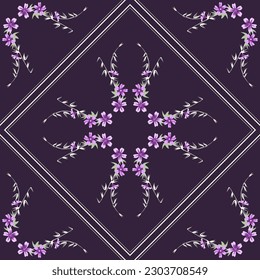 Vector seamless pattern for home textile design. Scarf, hijab, tablecloth on a dark blue background ornament with small lilac-pink inflorescences, meadow flowers. Vector symmetrical pattern.