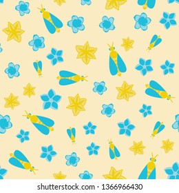 Vector seamless pattern with honey bee and flowers on beige background