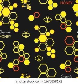 Vector seamless pattern with honey bee and honeycombs on black background. 
Seamless pattern for organic honey products, corporate identity, packaging luxury brand product, eco-cosmetic, soap, medical