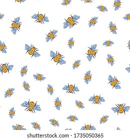 Vector seamless pattern with honey bee on a white background. Bumblebee, beehive. For the design of labels, products, beekeeping products, honey, wallpaper, wrapping paper, fabric.