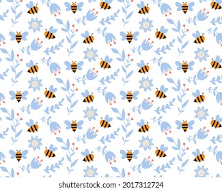 Vector seamless pattern with honey bee in yellow and blue. Cute nursery print. Baby wallpaper. Kids pattern. Vector hand drawn background for fabrics, textile, and wrap paper. 