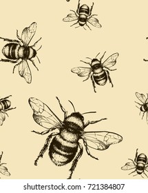 Vector seamless pattern with honey bee. Engraving style.