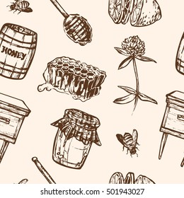 Vector Seamless pattern  with honey elements set. Honey jar, spoon, stick, cells, clover, beehive, bee, lemon, keg. Illustration for menus, recipes and packages product