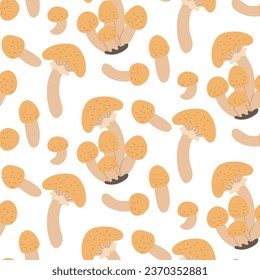 Vector seamless pattern with honey fungus on a white background. Seamless texture, hand-drawn cartoon group of small mushrooms. Design template for textiles, wallpaper, print honey fungus hat together