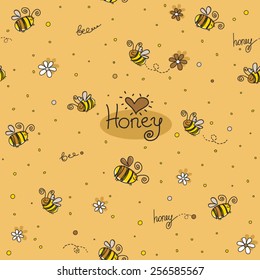 Vector seamless pattern with honey, hearts and bees in funny cartoon style