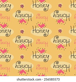 Vector seamless pattern with honey, hearts and bees in funny cartoon style