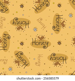 Vector seamless pattern with honey, hearts and bees in funny cartoon style