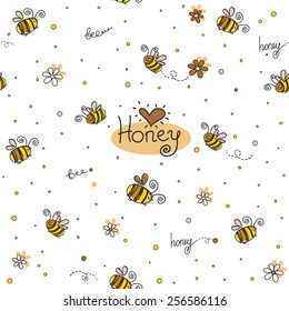 Vector seamless pattern with honey, hearts and bees in funny cartoon style