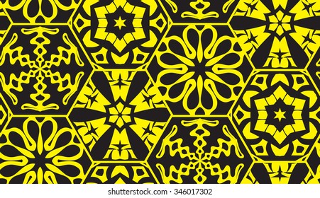 Vector seamless pattern of honeycomb. Hexagon decorated with snowflakes. Snowflakes and hexagons patterns. Vintage Textile print