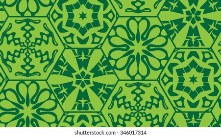 Vector seamless pattern of honeycomb. Hexagon decorated with snowflakes. Snowflakes and hexagons patterns. Vintage Textile print