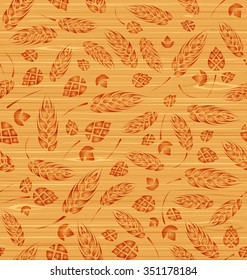 Vector seamless pattern with hops and malt on a wooden texture