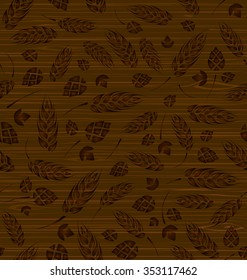 Vector seamless pattern with hops and malt on a wooden texture