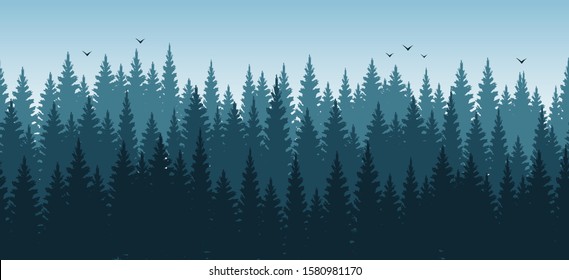 Vector seamless pattern  - Horisontal forest landscape.  Layered trees background.  Light blue tones, flying birds. 