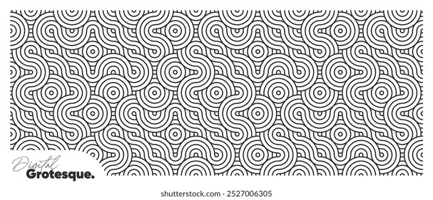 Padrão sem emenda do vetor. Banner horizontal com ornamento listrado linear geométrico. Fundo monocromático asiático moderno. Textura decorativa com ondas e curvas