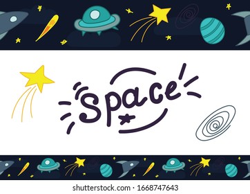 vector seamless pattern, horizontal border, space for children in doodle style on a blue background