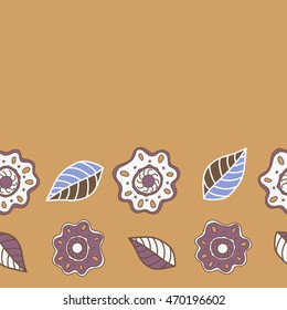Vector seamless pattern of horizontal stylized floral motif, hole, spots, flowers, doodles on beige background. Hand drawn. Horizontal seamless floral background.