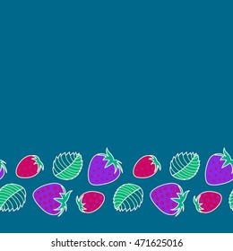 Vector seamless pattern of horizontal stylized berry motif, hole, spots, strawberry with leaves, doodles on colored background. Hand drawn. Horizontal seamless strawberry background.