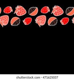 Vector seamless pattern of horizontal stylized berry motif, hole, spots, strawberry with leaves, doodles on colored background. Hand drawn. Horizontal seamless strawberry background.