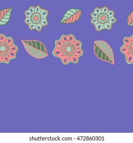 Vector seamless pattern of horizontal stylized floral motif, hole, spots, flowers, doodles on blue background. Hand drawn. Horizontal seamless floral background.