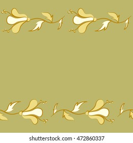 Vector seamless pattern of horizontal stylized floral motif, hole, spots, flowers, doodles on colored background with copy space. Hand drawn. Horizontal seamless floral background.