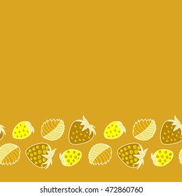 Vector seamless pattern of horizontal stylized berry motif, hole, spots, strawberry with leaves, doodles on colored background with copy space. Hand drawn. Horizontal seamless strawberry background.