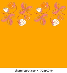 Vector seamless pattern of horizontal stylized berry motif, hole, spots, strawberry with leaves, doodles on colored background with copy space. Hand drawn. Horizontal seamless strawberry background.