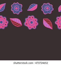 Vector seamless pattern of horizontal stylized floral motif, hole, spots, flowers, doodles on brown background. Hand drawn. Horizontal seamless floral background.