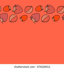 Vector seamless pattern of horizontal stylized berry motif, hole, spots, strawberry with leaves, doodles on colored background with copy space. Hand drawn. Horizontal seamless strawberry background.