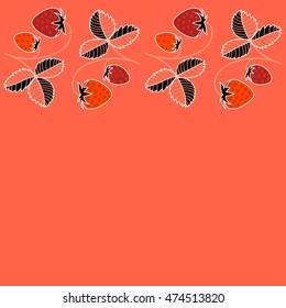 Vector seamless pattern of horizontal stylized berry motif, hole, spots, strawberry with leaves, doodles on colored background with copy space. Hand drawn. Horizontal seamless strawberry background.