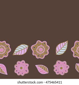 Vector seamless pattern of horizontal stylized floral motif, hole, spots, flowers, doodles on brown background. Hand drawn. Horizontal seamless floral background.