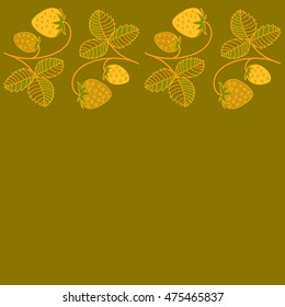 Vector seamless pattern of horizontal stylized berry motif, hole, spots, strawberry with leaves, doodles on colored background with copy space. Hand drawn. Horizontal seamless strawberry background.