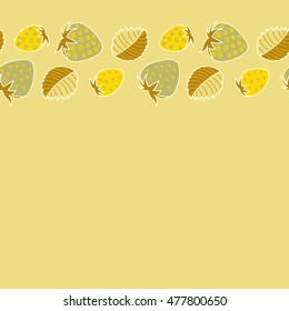 Vector seamless pattern of horizontal stylized berry motif, hole, spots, strawberry with leaves, doodles on colored background with copy space. Hand drawn. Horizontal seamless strawberry background.
