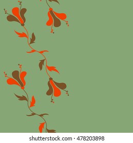 Vector seamless pattern of horizontal stylized floral motif, hole, spots, flowers, doodles on colored background with copy space. Hand drawn. Horizontal seamless floral background.