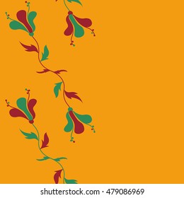 Vector seamless pattern of horizontal stylized floral motif, hole, spots, flowers, doodles on colored background with copy space. Hand drawn. Horizontal seamless floral background.