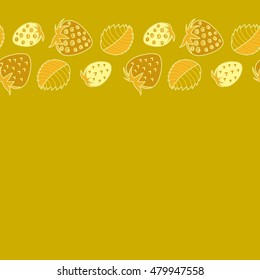 Vector seamless pattern of horizontal stylized berry motif, hole, spots, strawberry with leaves, doodles on colored background with copy space. Hand drawn. Horizontal seamless strawberry background.